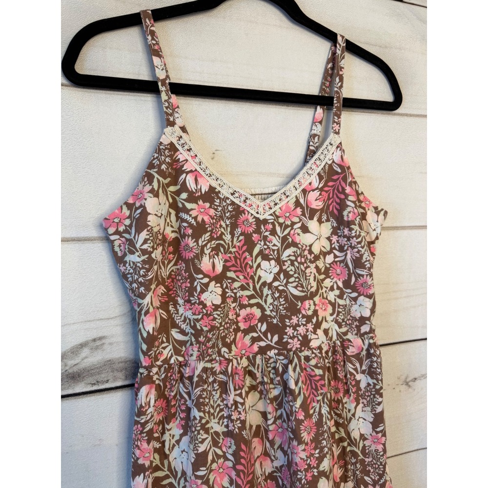 Rachel Zoe Floral Maxi Dress Brown Pink Tiered Lace Trim Boho Sun Dress Womens 2 - Picture 2 of 5